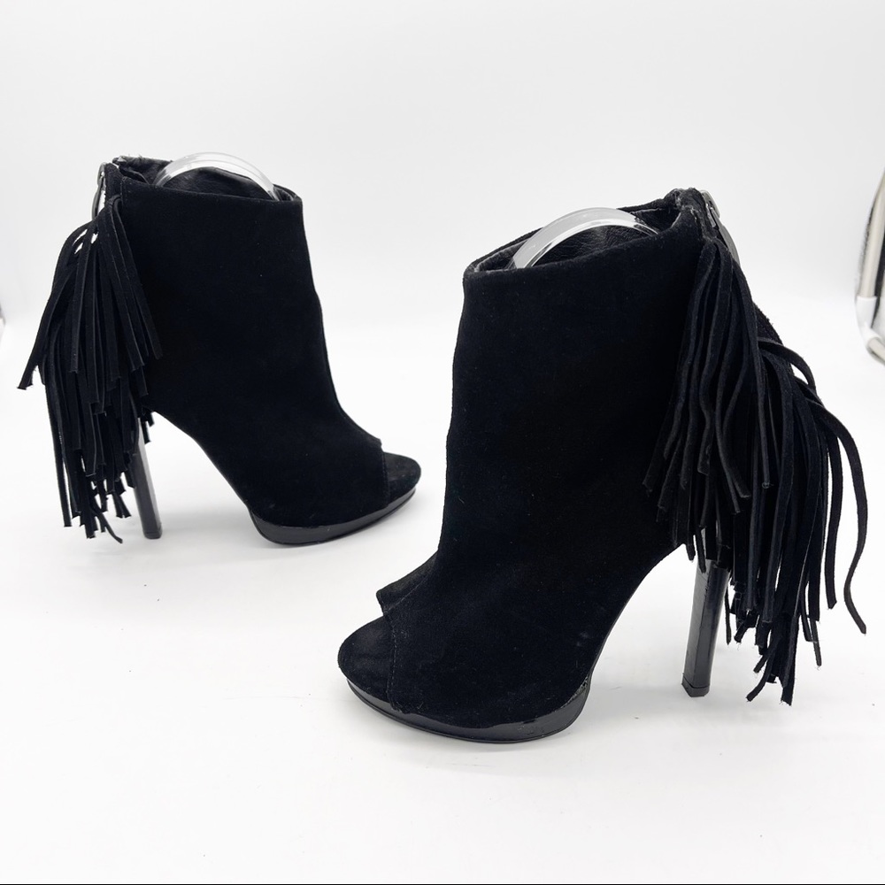 NAUGHTY MONKEY Girl’s Best Fringe Peeptoe Suede High Heel Booties - Picture 8 of 11